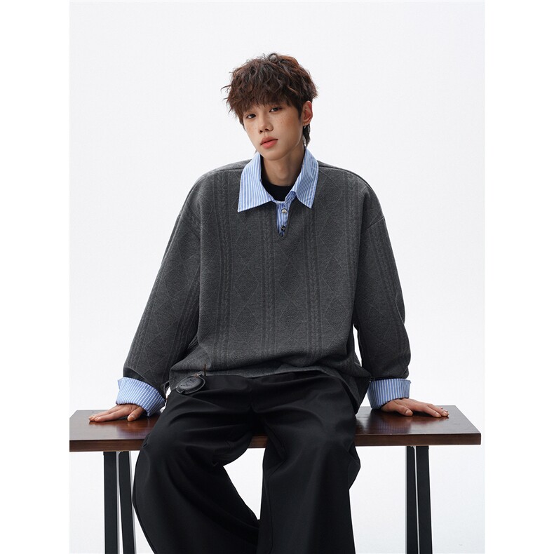 麦穗肌理感衬衫领拼条纹假两件卫衣大码上衣POLO衫外套LW618特P45，男装Polo衫，电商B215