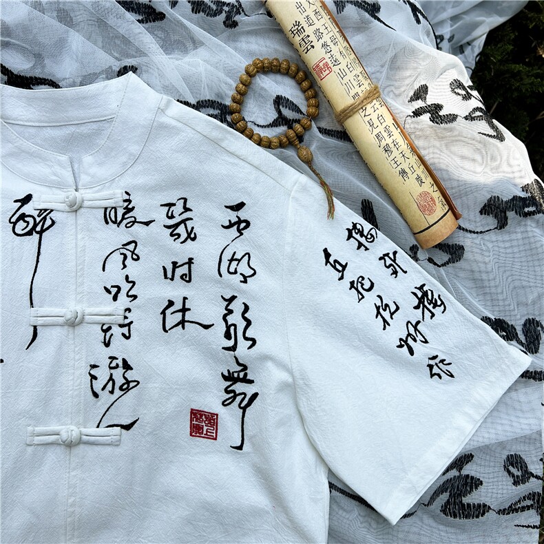 现货新款2024书法刺绣复古盘扣五分袖立领开衫衬衫男T2881-P65图片