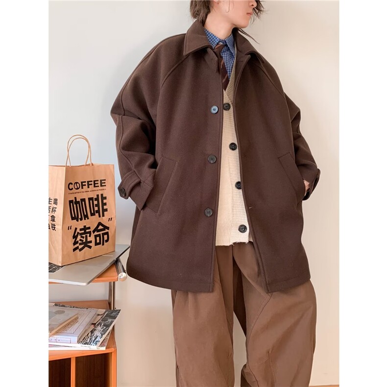 复古简约毛呢大衣秋冬日系潮牌宽松美拉德中长款外套男F038-P75，男装毛呢大衣，星座308B-2