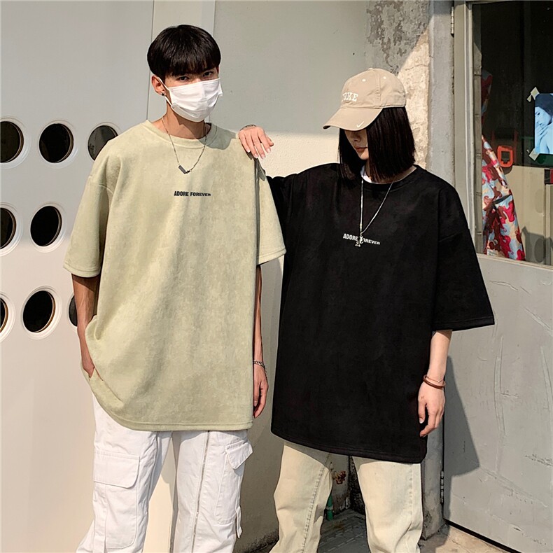 港风2026夏装麂皮绒情侣装半袖上衣潮男装夏季宽松短袖T恤S210P28,男装T恤,电商A233-1