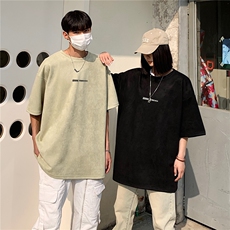 港风2026夏装麂皮绒情侣装半袖上衣潮男装夏季宽松短袖T恤S210P28，男装T恤，电商A233-1