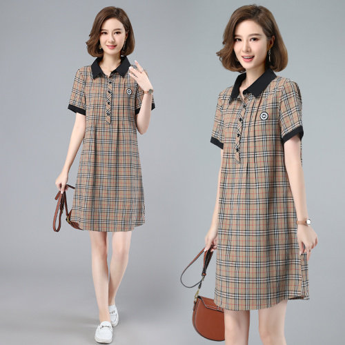 格子连衣裙女2022年夏季新款衬衫裙薄款显瘦甜美中年妈妈休闲裙子,女装连衣裙,涵誉