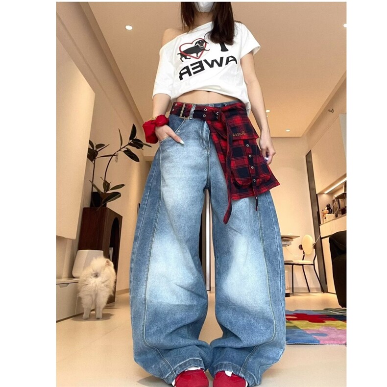 美式高街复古弯刀阔腿牛仔裤女百搭新款时尚原宿无品牌日系简约图片
