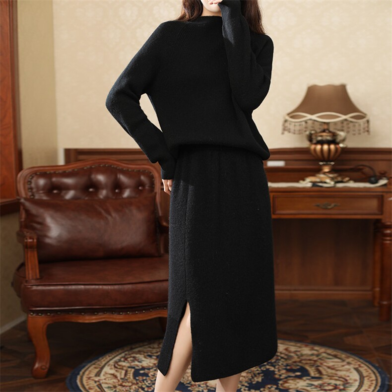时尚气质简约百搭潮流女士双元宝毛衣裙套装，女装套装/套裙，奥千羊绒