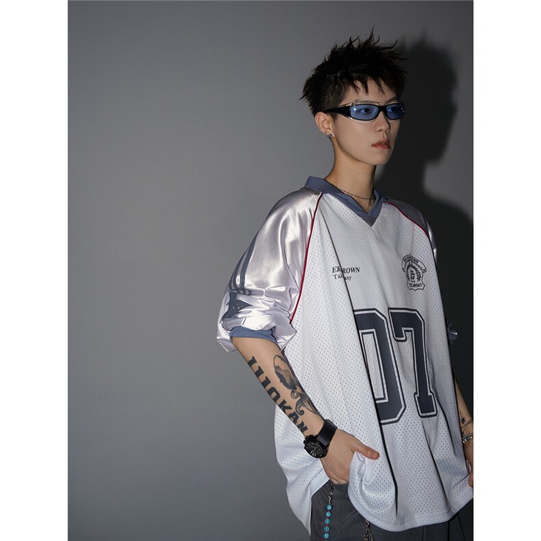 美式翻领POLO衫大码M-5XL插肩拼接V领球衣长袖T恤T78096P48控78图片