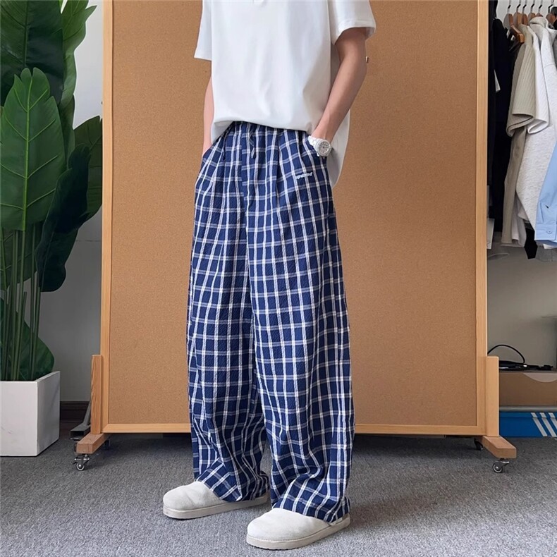V175-P40格子休闲裤男女宽松直筒阔腿裤美式复古高街薄裤子防蚊,男装休闲裤,星座911-1