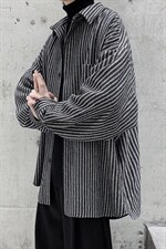 港风复古条纹衬衫加厚男慵懒宽松加大码胖子毛呢衬衣外套DX126P60，男装衬衫，电商B413-1