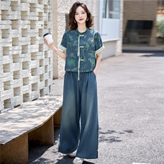 新中式国风盘扣牛仔套装女2025夏季爆款复古印花休闲时尚两件套潮，女装套装/套裙，欣品汇