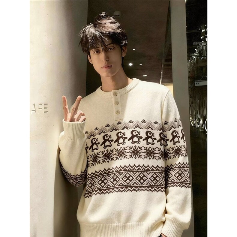 秋冬季毛衣男士圆领加绒加厚小鹿图刺绣宽松针织打底衫男装上衣,男装T恤,星座506A