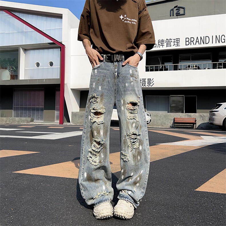 做旧破洞牛仔裤男女宽松垂感拖地美式复古裤子废土风NZ011-P52图片