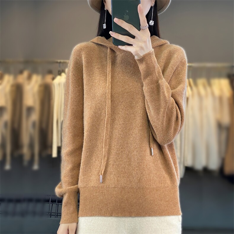 秋100羊毛衫连帽针织套头卫衣女宽松慵懒元宝针带帽打底帽衫,女装羊毛衫,邦太羊绒