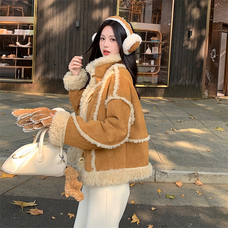 麂皮绒保暖上衣女冬羊羔毛一体皮毛外套，女装羊羔毛/颗粒绒，浙宝212A