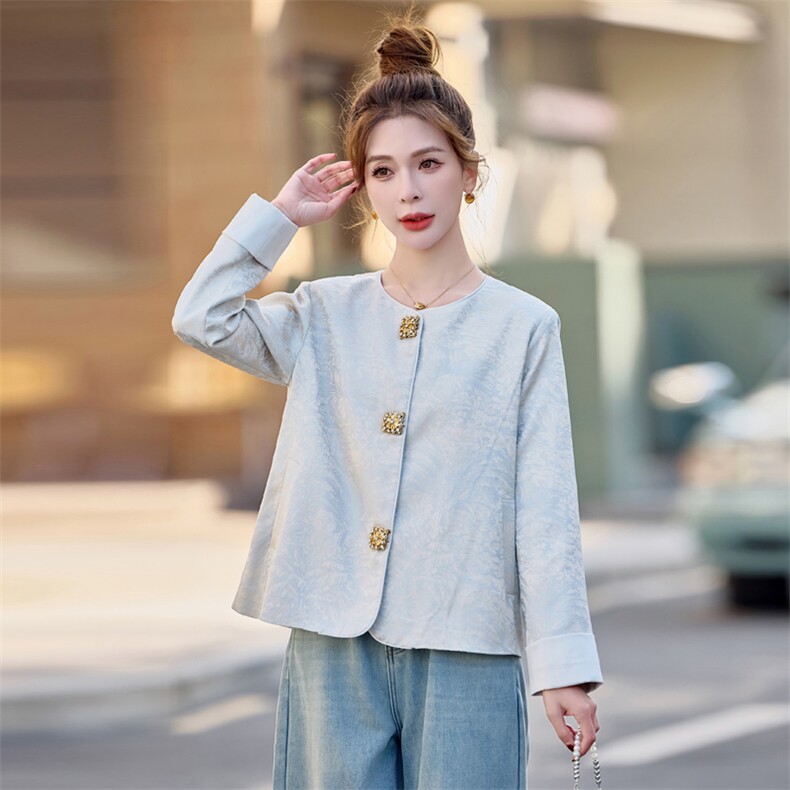 2025春秋新款圆领提花短外套新中式时尚复古女上衣【钻扣】休闲百,女装短外套,难舍钰依