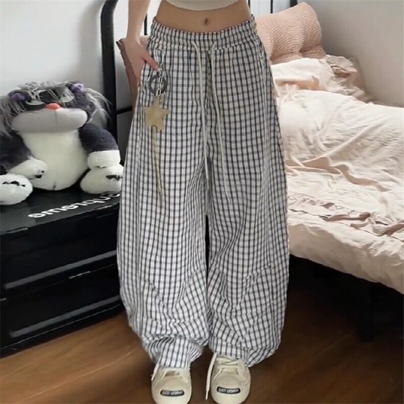 美式复古星星挂饰格子弯刀休闲裤女夏季宽松阔腿拖地裤LA2400-P48,男装休闲裤,星座1008