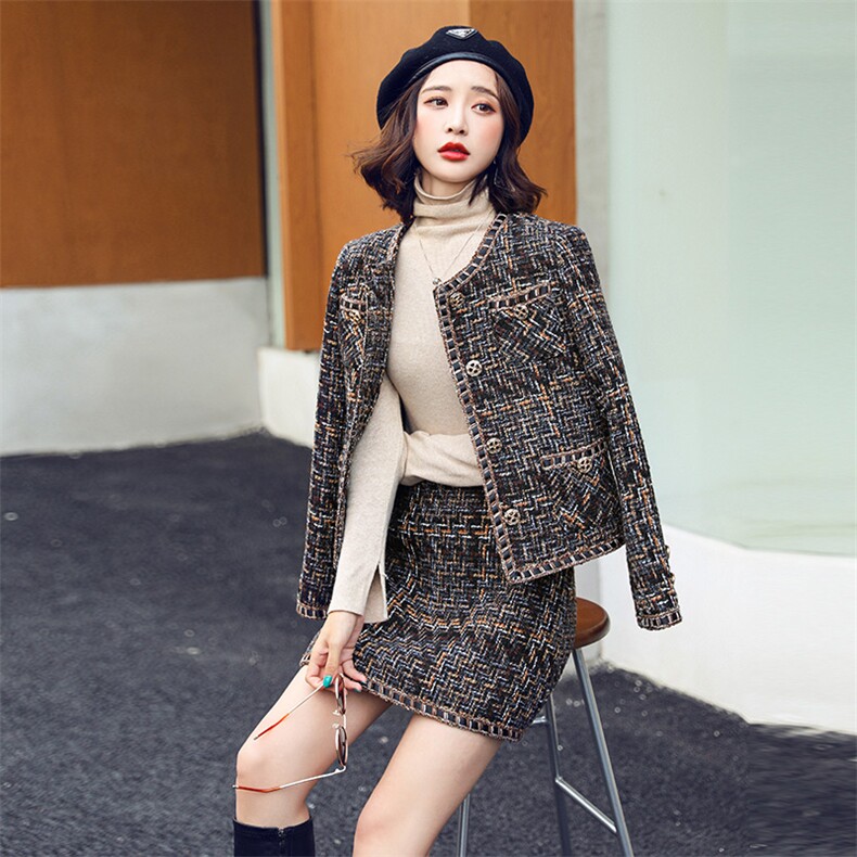 名媛气质小香风毛呢套装女2023秋冬新款粗花呢外套半身短裙两件套,女装套装/套裙,韩蜜菓