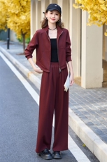 红休闲运动套装女2024秋新款气质修身开衫外套阔腿裤两件套，女装套装/套裙，依如秀(原杭风阁)