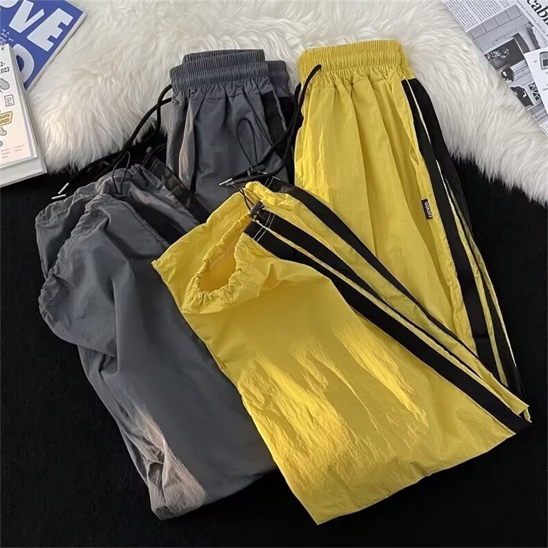 24年休闲裤拼接条纹运动裤多巴胺春夏阔腿抽绳束脚垂感裤XK122，女装休闲裤，星座601-2