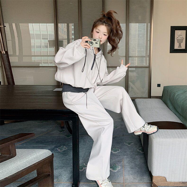 半拉链短款连帽卫衣配高腰束脚裤套装女2025春季新款高级感两件套,女装套装/套裙,2C305