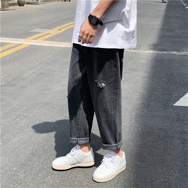 裤子男韩版潮流ins港风破洞牛仔裤百搭宽松休闲九分裤男K47-P35,男装牛仔裤,星座1008-1