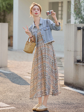 摩登风暴同款2025夏季新款勾花罩衫外套吊带连衣裙复古印花两件套，女装套装/套裙，曼娅璐