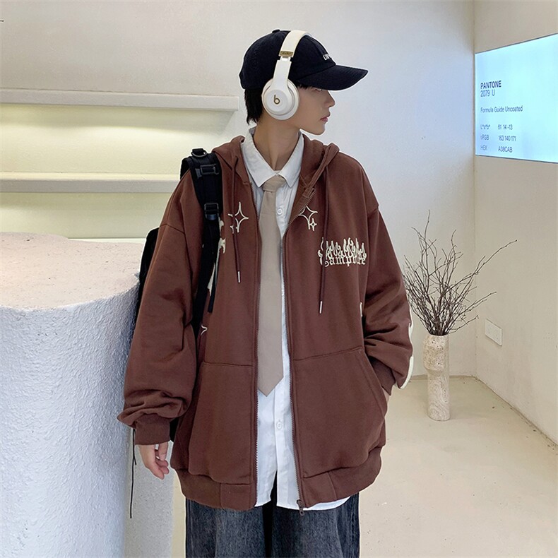 开衫连帽卫衣男春秋美式高街潮牌毛巾绣运动外套oversize情侣上衣,男装卫衣,星座308B-2