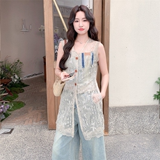 又a又飒蕾丝马甲七分牛仔阔腿裤套装女2025夏季新款小个子两件套，女装套装/套裙，浙宝305