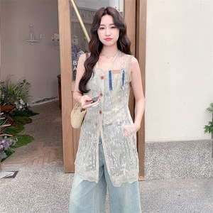 又a又飒蕾丝马甲七分牛仔阔腿裤套装女2025夏季新款小个子两件套图片
