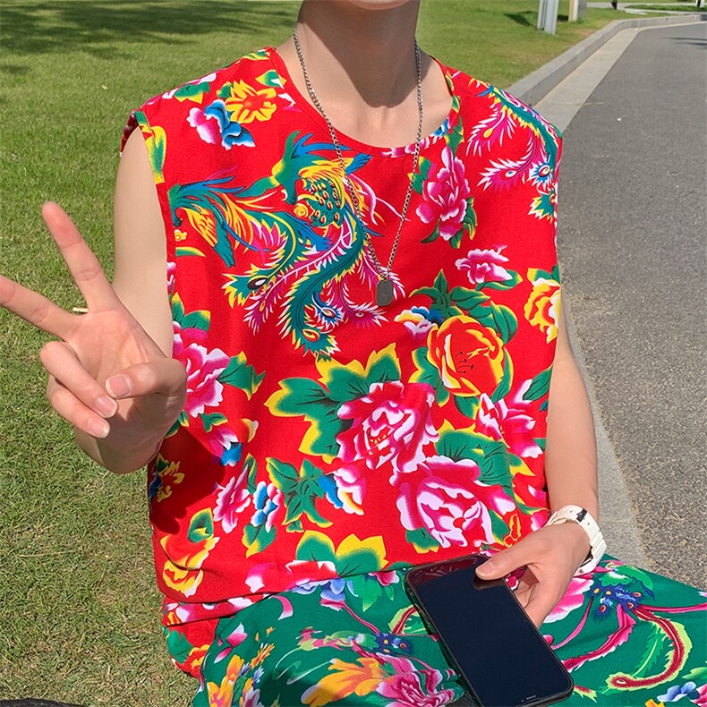 夏大码东北大花布男背心坎肩运动马甲男装风民族牡丹花MJ01，男装背心/马甲，星座115A(原星座507）