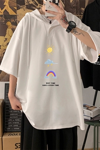 LD54141-P45 NASA连帽短袖t恤男大码胖子带帽五分袖中袖图片
