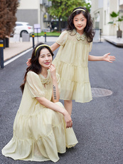 2023夏季纯色打揽松紧袖口复古风亲子连衣裙，女装连衣裙，安之芮娜