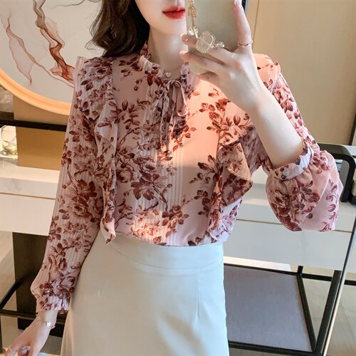 春季新款荷叶边衬衫超仙碎花雪纺衫上衣洋气印花小衫，女装蕾丝衫/雪纺衫，美吧服饰