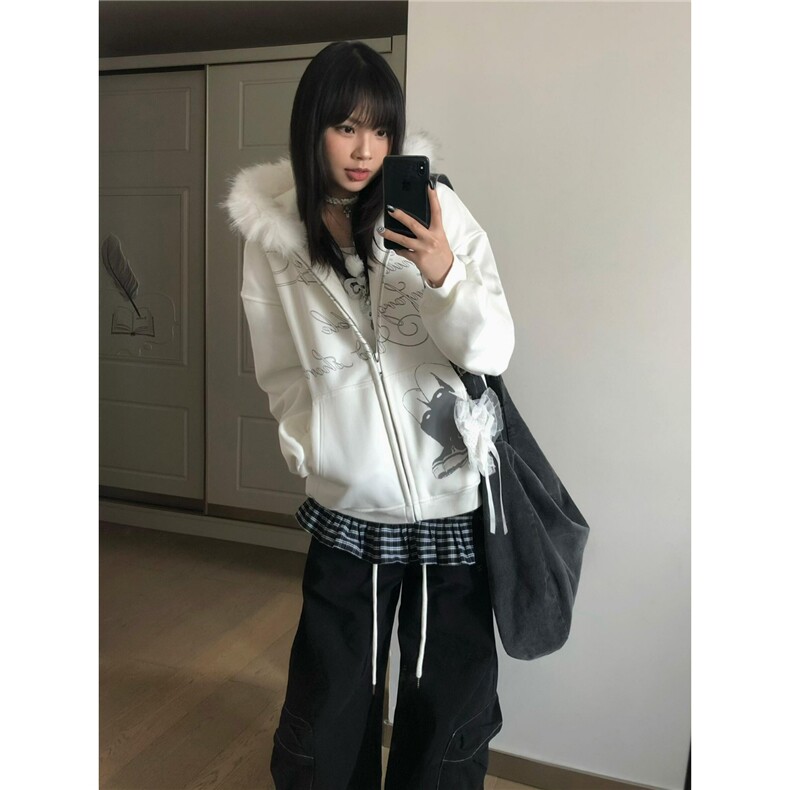 现货DA261-批65美式复古白色毛领连帽卫衣男女秋冬新款,男装卫衣,星座603-2