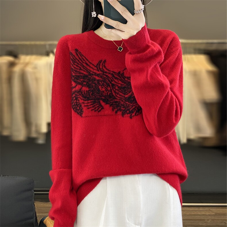 时尚潮流常规通勤百搭大龙图案羊毛圆领羊毛衫2024年秋冬新款,女装羊毛衫,丽特绒