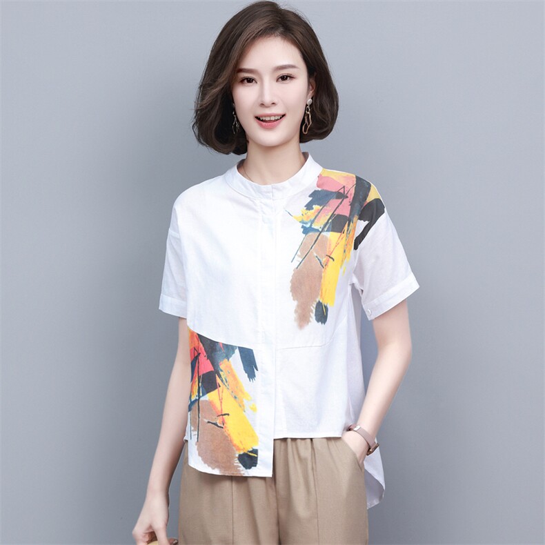 (新款)2024夏棉麻T恤水墨画复古中老年妈妈装衬衫女三年不下架,女装T恤,璐依舞