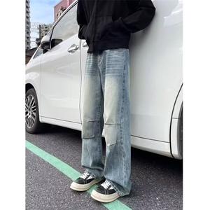 高街水洗褶皱弯刀牛仔裤男美式宽松设计感直筒阔腿裤N7090-P55图片