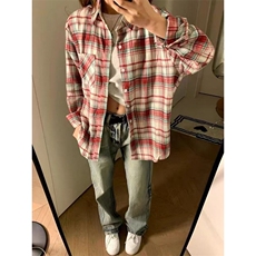 美式复古格子衬衫女款春秋2025新款设计感小众小个子防晒外套上衣，男装防晒衣，星座506A