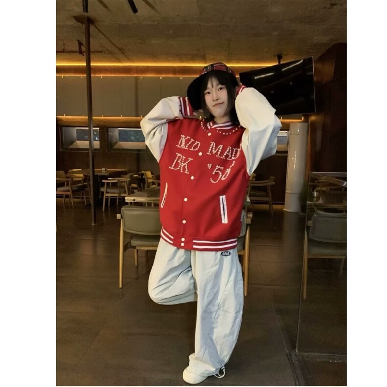 外套2025新款春季小狗刺绣宽松棒球服红色短款夹克女装W6443-P78,男装夹克,星座412-1