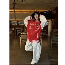 外套2025新款春季小狗刺绣宽松棒球服红色短款夹克女装W6443-P78，男装夹克，星座412-1