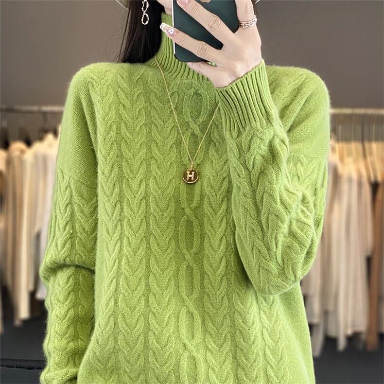 半高领提花加厚100%纯羊毛衫女秋冬长袖针织毛衣宽松羊绒打底上衣，女装羊毛衫，鸿陌羊绒