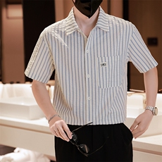 大货条纹衬衫男短袖夏季2025新款帅气衬衣C317-C803-P50，男装衬衫，电商C317