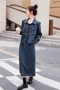 时尚显瘦牛仔套装套裙女秋季新款气质百搭长袖外套连衣裙两件套图片