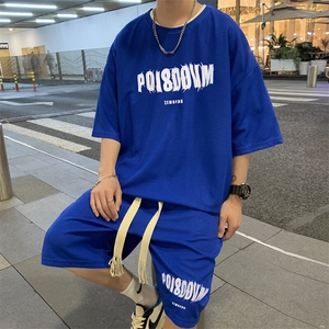 时尚华夫格运动套装男夏季宽松t恤休闲短袖短裤男装一套搭配帅气图片
