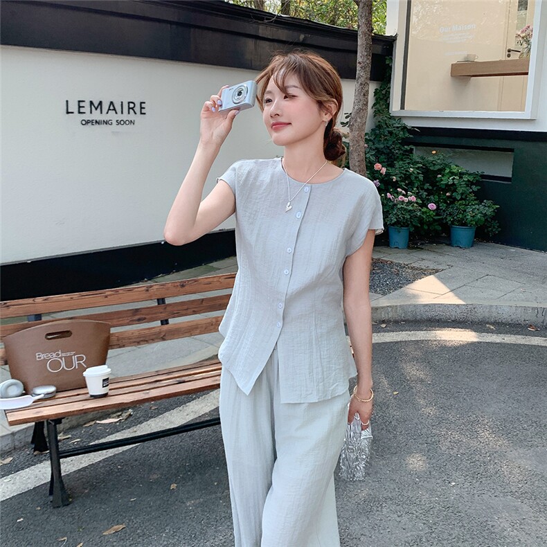 松弛感简约轻熟风套装女2025夏季新款轻薄圆领上衣直筒裤两件套潮,女装套装/套裙,2C205