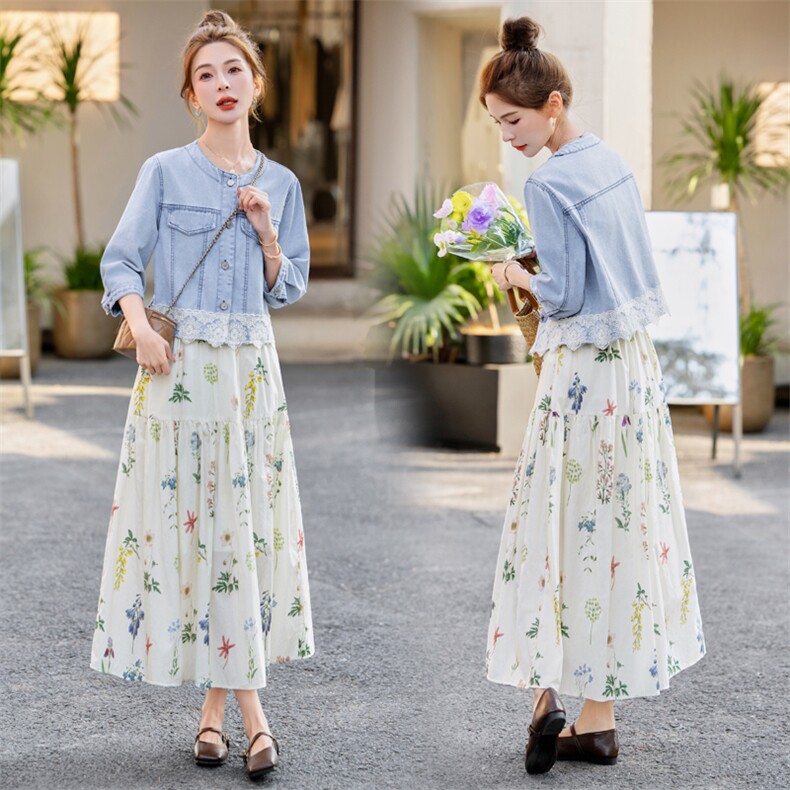 2025年夏季新款蕾丝牛仔长袖外套碎花半身裙套装两件套，女装套装/套裙，初闻兮