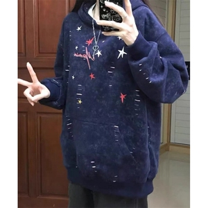 美式重工印花破洞透底斑驳感卫衣宽松连帽衫男 W16114图片