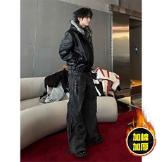 现货冬季美式潮牌痞帅PU皮机车服棉衣毛毛绒狼王座山雕皮棉服，男装棉衣，电商A486