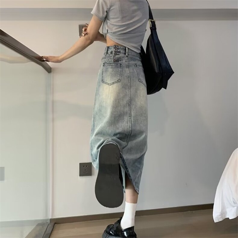 复古牛仔裙半身裙女中长款2025年新款夏季a字开叉高腰包臀裙春秋,女包手腕包,星座1210-1