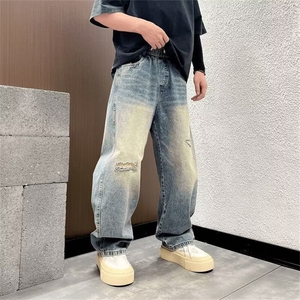 牛仔裤男士潮牌宽松直筒裤春秋季美式破洞垫布水洗百搭阔腿长裤子图片