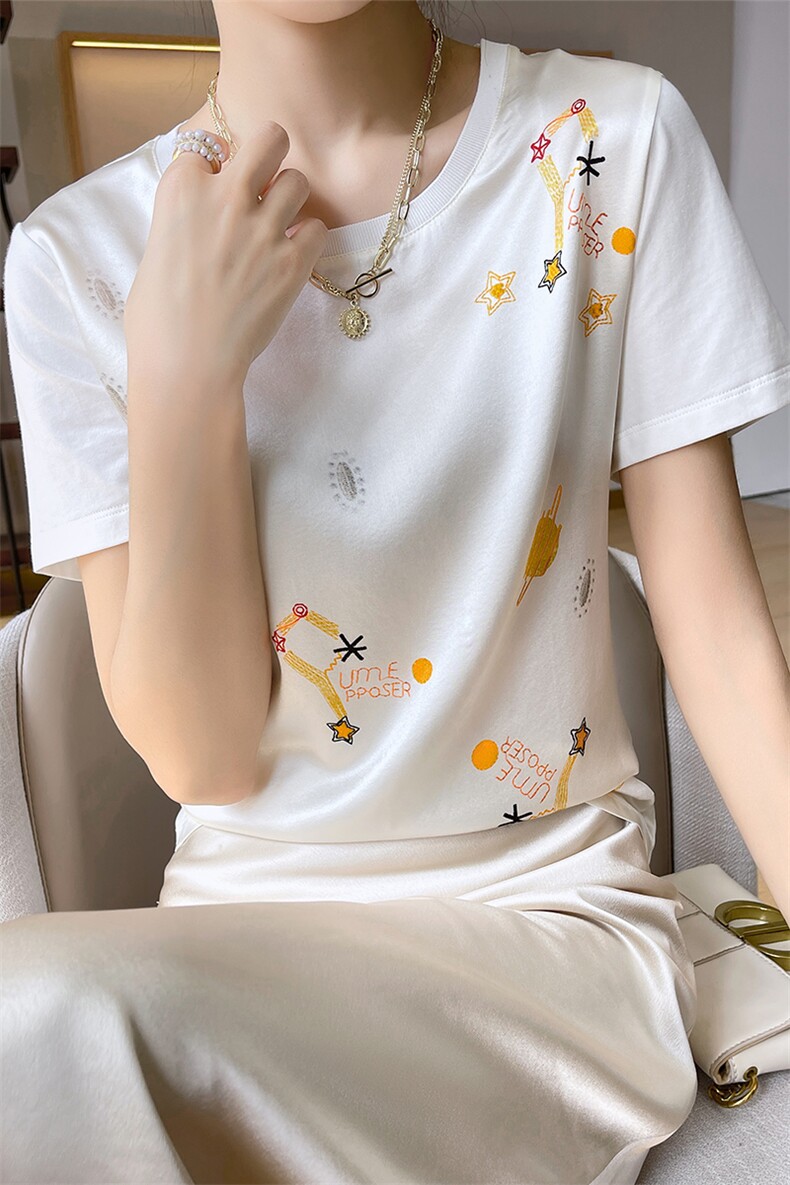 重磅真丝t恤女短袖印花桑蚕丝白色圆领小衫2024夏装半袖短款上衣,女装T恤,兴泰羊绒