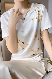 重磅真丝t恤女短袖印花桑蚕丝白色圆领小衫2024夏装半袖短款上衣图片
